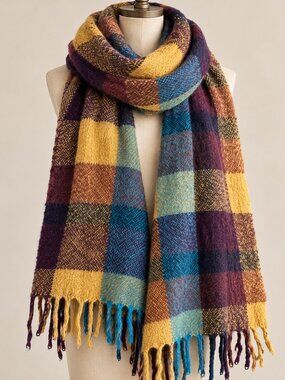 Wool Blend Oversized Multicolor Plaid Blanket Scarf Fringe Cozy Boho Fall Winter